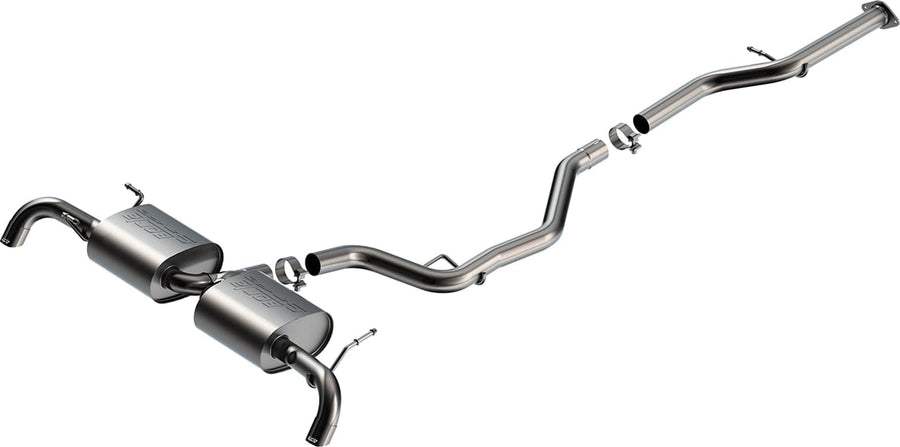 Cat-Back Exhaust Systems by Borla: Exploded studio view of a dual-exit stainless cat-back with two rear mufflers, long intermediate pipes, clamps and turndown outlets on white.