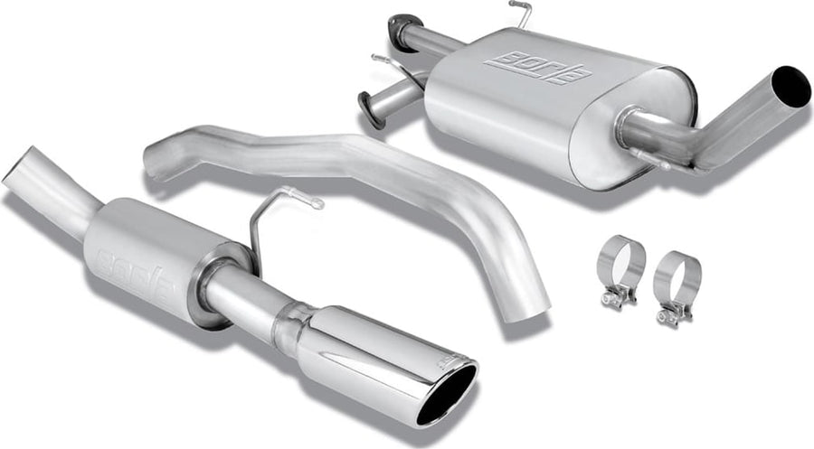 Cat-Back Exhaust Systems by Borla: Studio layout of a stainless cat-back with two mufflers, pipes, two clamps and one polished angle-cut tip.
