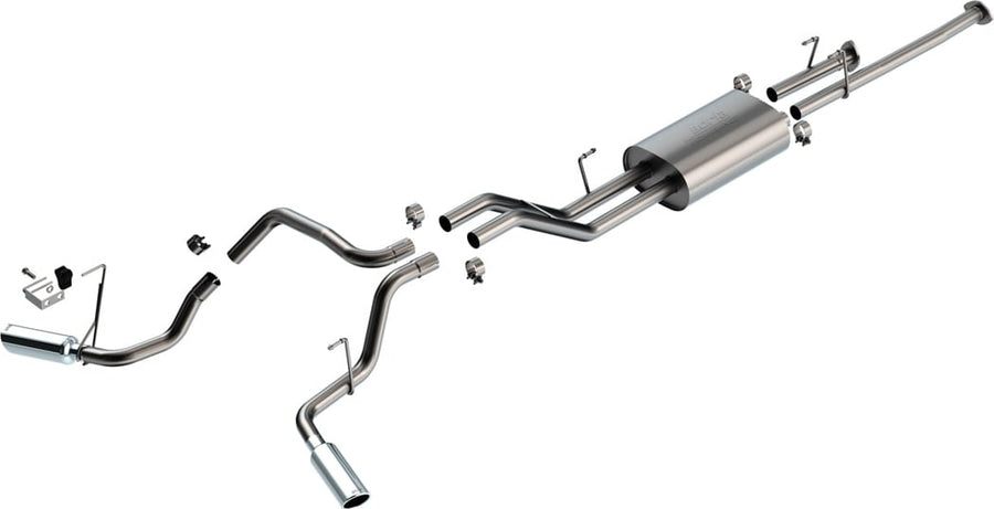 Cat-Back Exhaust Systems by Borla: Exploded studio render of a stainless dual split rear exit cat-back with one muffler and two polished tips.