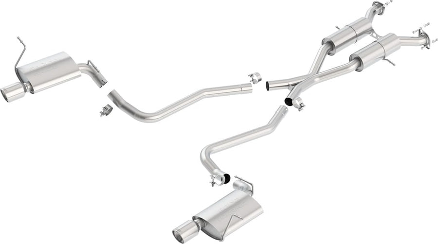 Cat-Back Exhaust Systems by Borla: Studio layout of a dual-exit stainless cat-back exhaust with mufflers, crossover pipes and two polished tips on white.