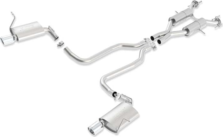 Cat-Back Exhaust Systems by Borla: Close studio render of a dual-exit stainless cat-back exhaust with rear mufflers and two polished tips on white.