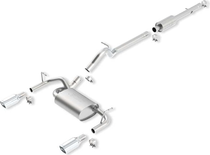 Cat-Back Exhaust Systems by Borla: Studio render of a stainless cat-back exhaust with a center muffler, resonator and dual split rear polished tips on white.