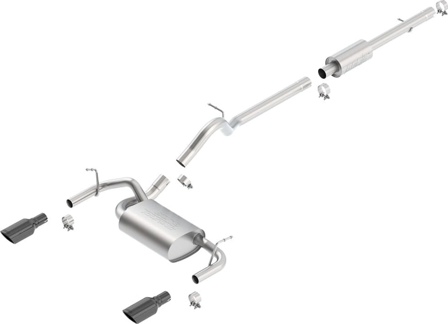 Cat-Back Exhaust Systems by Borla: Exploded studio view of a stainless cat-back exhaust with a center muffler, resonator and dual split rear black chrome tips on white.