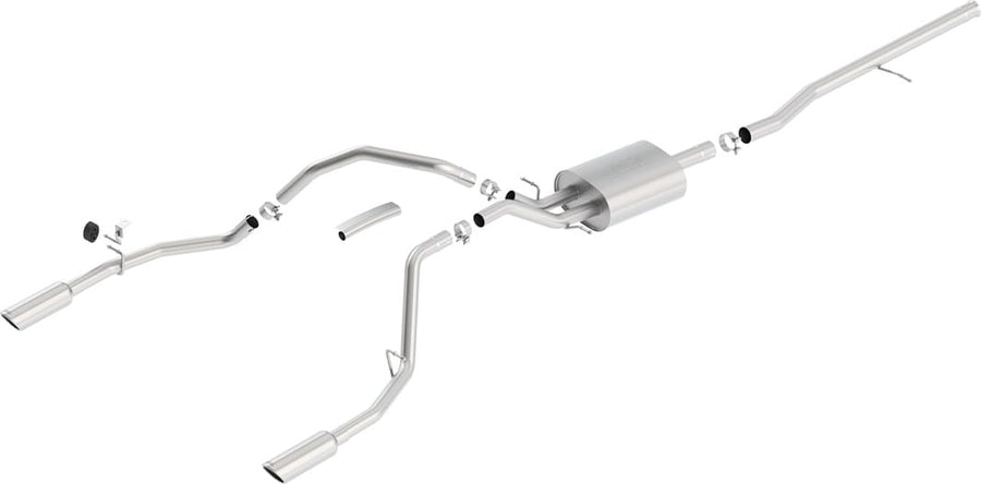 Cat-Back Exhaust Systems by Borla: Exploded studio view of a stainless cat-back exhaust with one muffler and dual split rear polished tips on white.