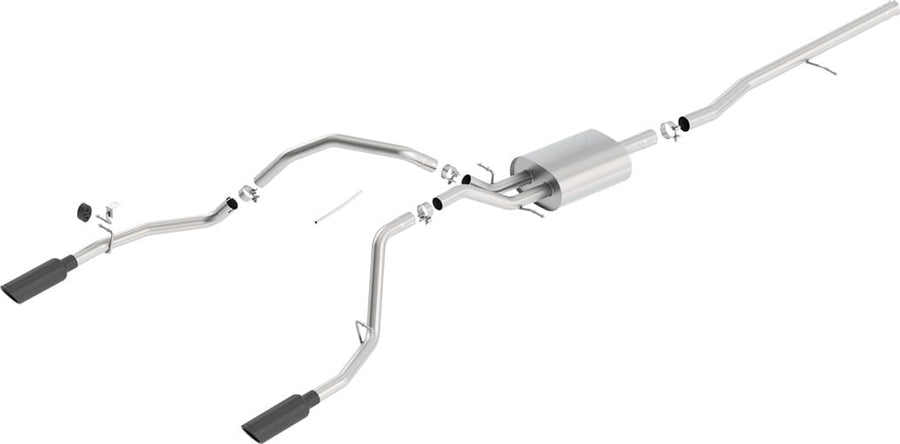 Cat-Back Exhaust Systems by Borla: Exploded studio view of a stainless cat-back exhaust with one muffler and dual split rear black chrome tips on white.