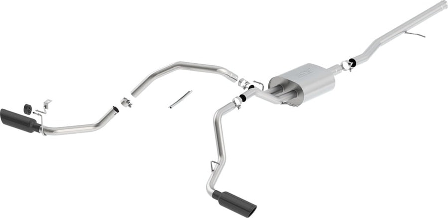 Cat-Back Exhaust Systems by Borla: Exploded studio view of a stainless cat-back exhaust with one muffler and dual split rear black chrome tips on white.