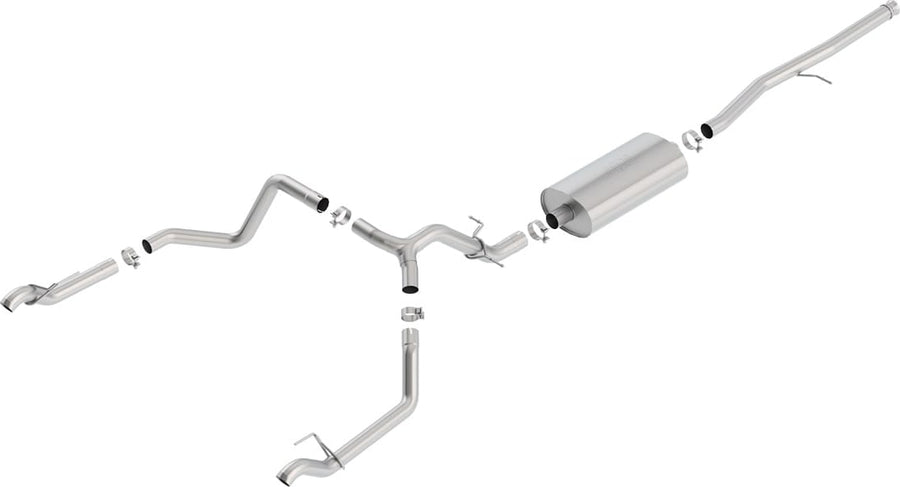 Cat-Back Exhaust Systems by Borla: Stainless dual rear-exit cat-back exhaust on white with one muffler, a Y-split and two polished tips.