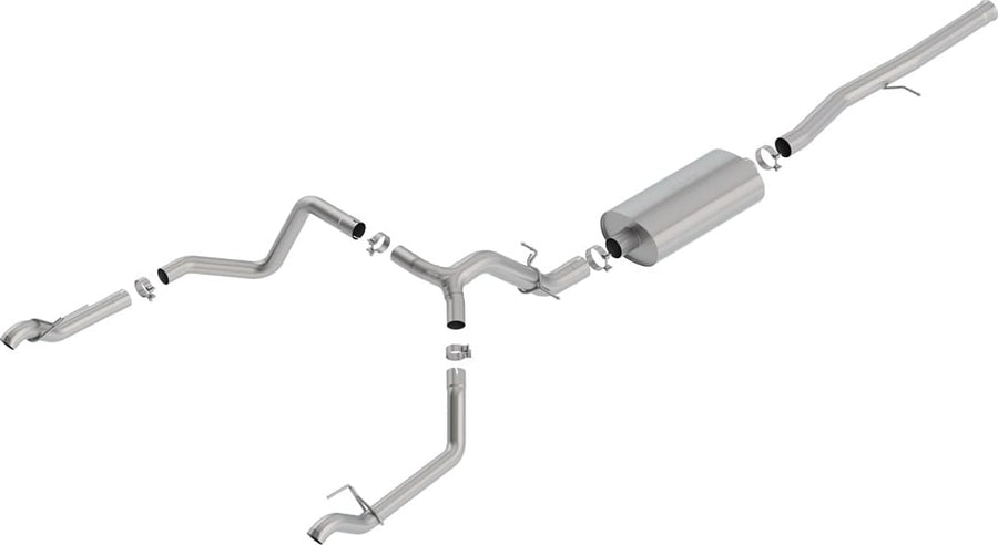 Cat-Back Exhaust Systems by Borla: Stainless dual rear-exit cat-back exhaust on white with one muffler, a Y-split and two polished tips.