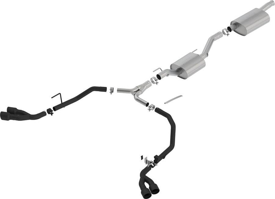 Cat-Back Exhaust Systems by Borla: Cat-back exhaust on white with two stainless mufflers, a Y-split and black-coated tailpipes ending in paired black tips.