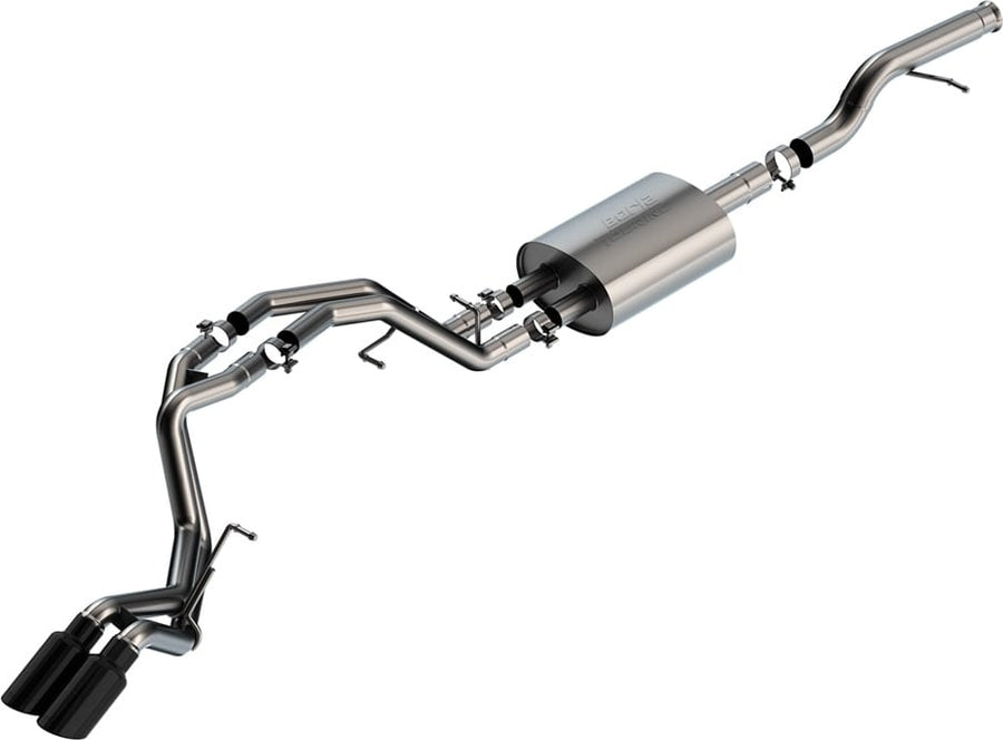 Cat-Back Exhaust Systems by Borla: Stainless cat-back exhaust on white with one muffler and twin tailpipes ending in paired black chrome tips.