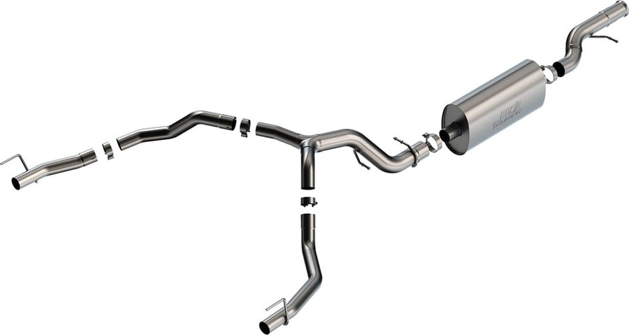 Cat-Back Exhaust Systems by Borla: Stainless dual rear-exit cat-back exhaust on white with one muffler, a Y-split and two polished tips.