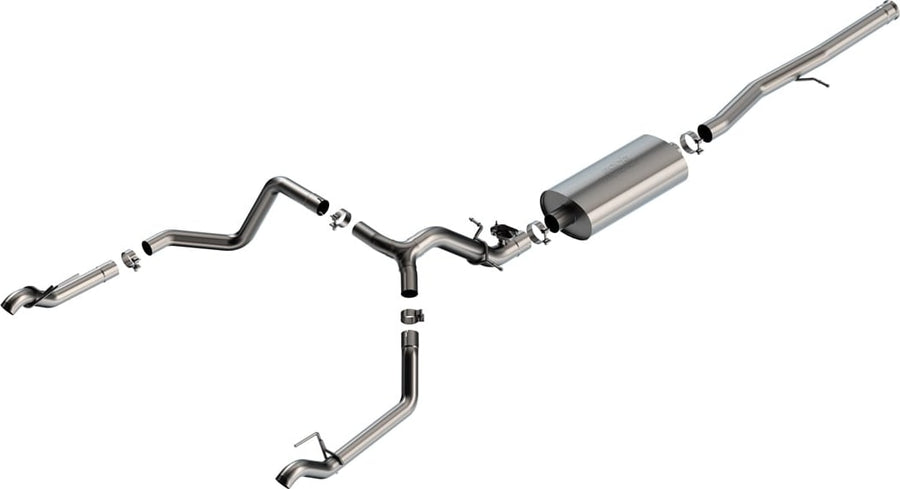 Cat-Back Exhaust Systems by Borla: Exploded stainless cat-back exhaust system with a single muffler, Y-pipe and two polished-tip tailpipes on a white background.