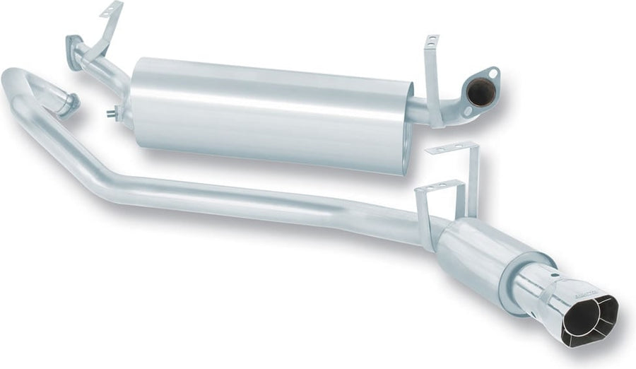 Cat-Back Exhaust Systems by Borla: Stainless cat-back exhaust with a long muffler, inlet pipe and tailpipe ending in a polished angle-cut tip on white.