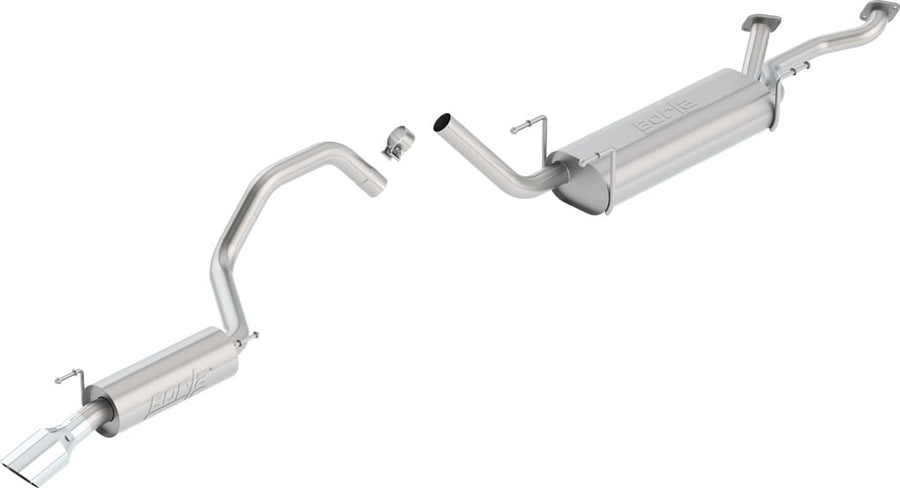 Cat-Back Exhaust Systems by Borla: Stainless cat-back exhaust with a muffler, mid pipe and tailpipe ending in a polished tip laid out on white.