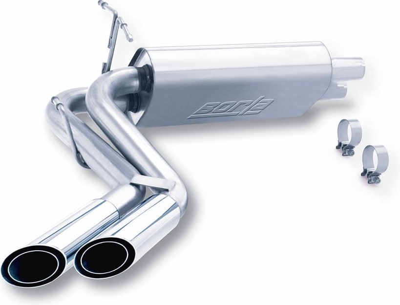Cat-Back Exhaust Systems by Borla: Borla muffler with a tailpipe ending in two polished round tips and two clamps on white.