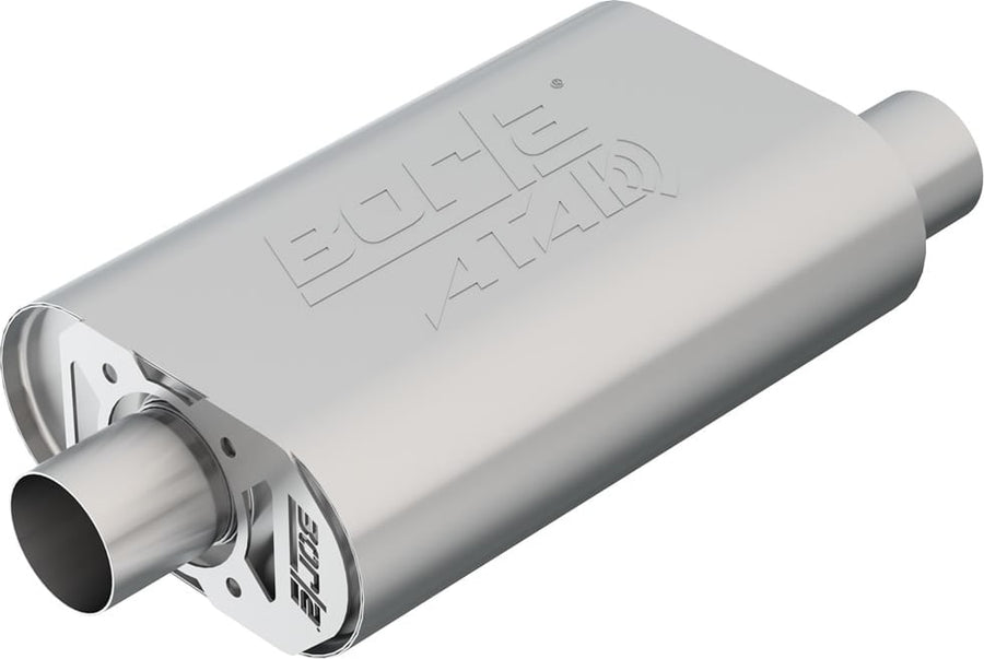 CrateMuffler by Borla: Brushed stainless oval Borla ATAK CrateMuffler with offset inlet on a white background.