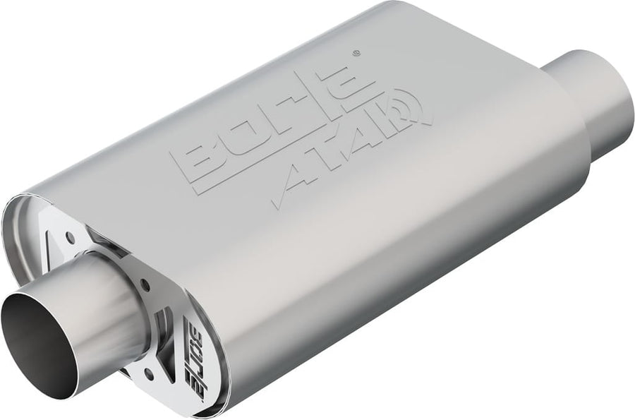 CrateMuffler by Borla: Brushed stainless oval Borla ATAK CrateMuffler with offset inlet on a white background.