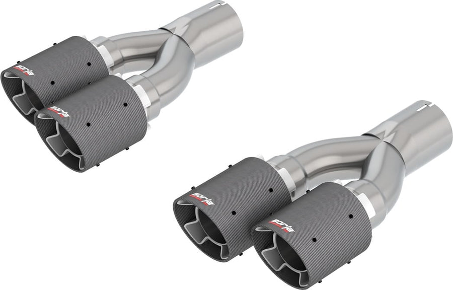 Exhaust Tip Kits by Borla: Two Y-pipe tip assemblies, each with two carbon fiber tips with a small Borla logo, on a white background.