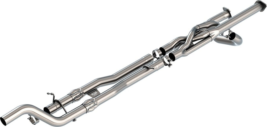 Mid-Section Exhaust Systems by Borla: Stainless mid-section exhaust pipes with a crossover section and dual outlets, laid out on white with clamps.