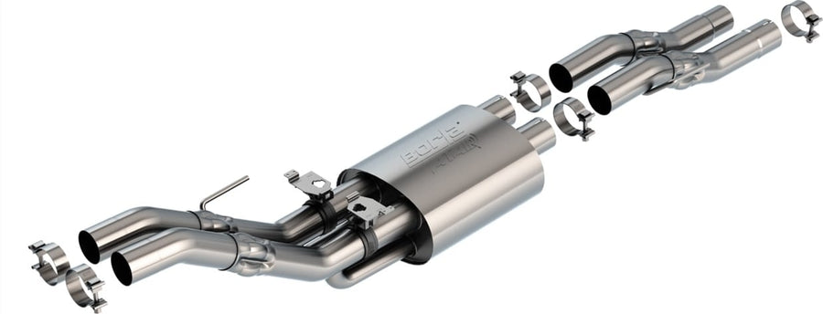 Mid-Section Exhaust Systems by Borla: Stainless mid-section exhaust with twin pipes into a single muffler and dual outlets, clamps included, on white.
