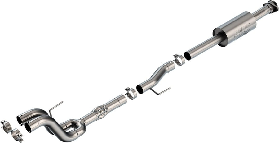 Mid-Section Exhaust Systems by Borla: Stainless mid-section exhaust with a single inline muffler that splits into dual outlet pipes, shown with clamps on white.