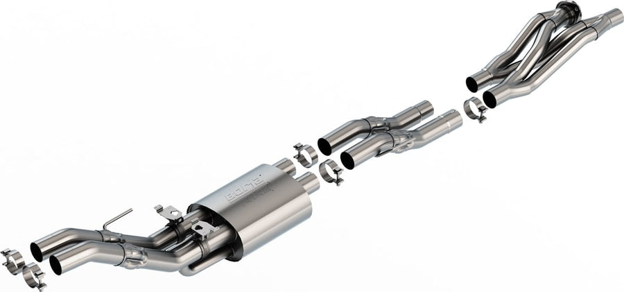 Mid-Section Exhaust Systems by Borla: Stainless mid-section exhaust with an X-pipe, single muffler and dual outlets with clamps on a near-white background.