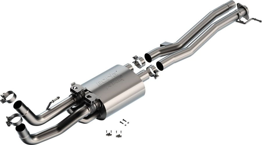 Mid-Section Exhaust Systems by Borla: Stainless mid-section exhaust with twin pipes into one muffler and dual outlets, shown with clamps and hardware on white.