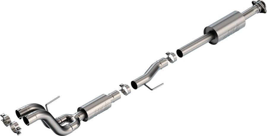 Mid-Section Exhaust Systems by Borla: Stainless mid-section exhaust with an inline muffler that splits into dual outlet pipes, clamps shown, on white.