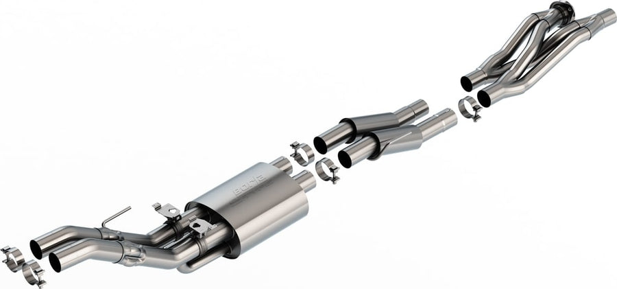 Mid-Section Exhaust Systems by Borla: Stainless mid-section exhaust with an X-pipe, a single muffler and dual outlets with clamps on white.