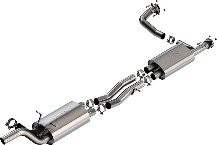 Mid-Section Exhaust Systems by Borla: Stainless mid-section exhaust with a down pipe, two mufflers and connecting pipes with clamps on white.