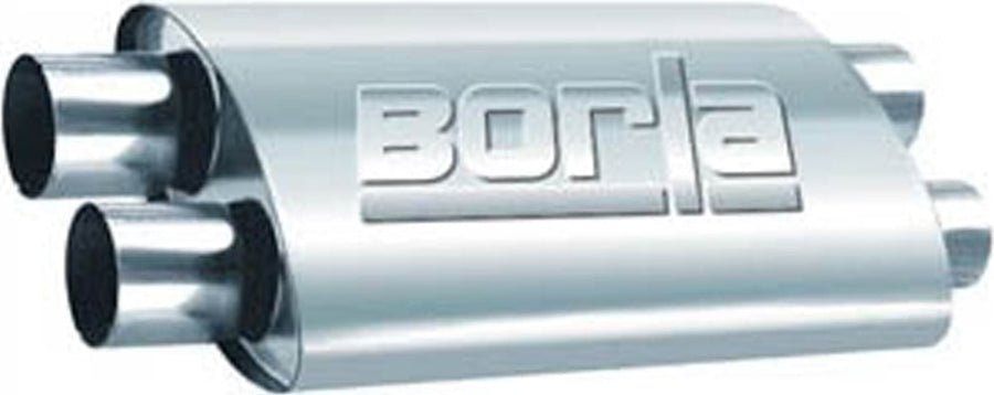 ProXS Universal Mufflers by Borla: Oval stainless universal muffler with dual inlets and dual outlets, BORLA embossed on the case, on white.
