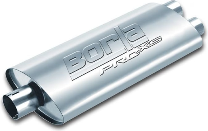 ProXS Universal Mufflers by Borla: Oval stainless ProXS universal muffler with offset inlet and outlet, BORLA ProXS embossed on top, on white.
