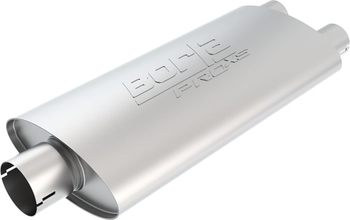 ProXS Universal Mufflers by Borla: Oval stainless ProXS universal muffler with offset inlet and outlet, BORLA ProXS embossed on top, on white.