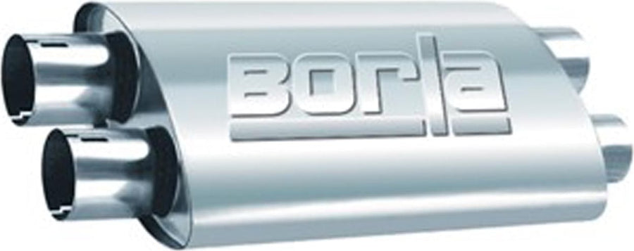 ProXS Universal Mufflers by Borla: Oval stainless universal muffler with dual inlets and dual outlets, BORLA embossed on the case, on white.