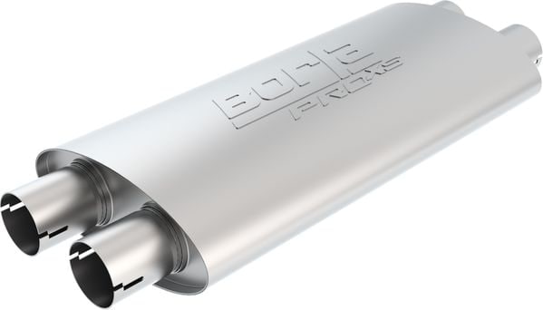 ProXS Universal Mufflers by Borla: Oval stainless ProXS universal muffler with dual inlets and dual outlets, BORLA ProXS embossed on top, on white.