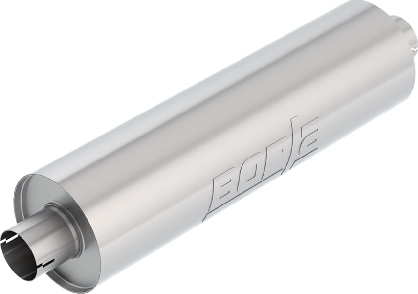 Universal Mufflers by Borla: A brushed stainless round universal muffler with one inlet and one outlet, white background.
