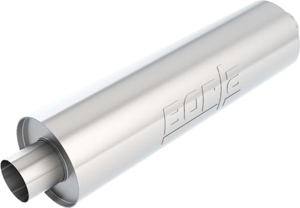Universal Mufflers by Borla: A brushed stainless round universal muffler with embossed Borla logo on a white background.