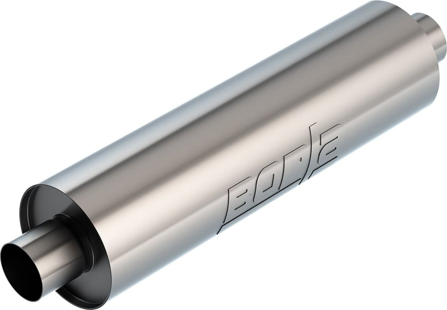 Universal Mufflers by Borla: A brushed stainless round universal muffler with embossed Borla logo on a white background.