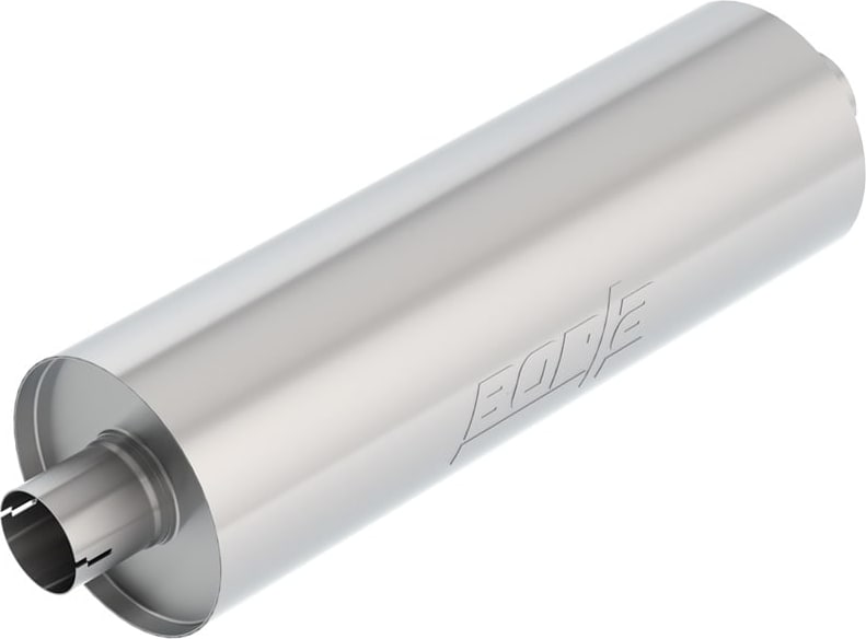 Universal Mufflers by Borla: Round brushed stainless Borla universal muffler with center inlet and outlet on a white background.