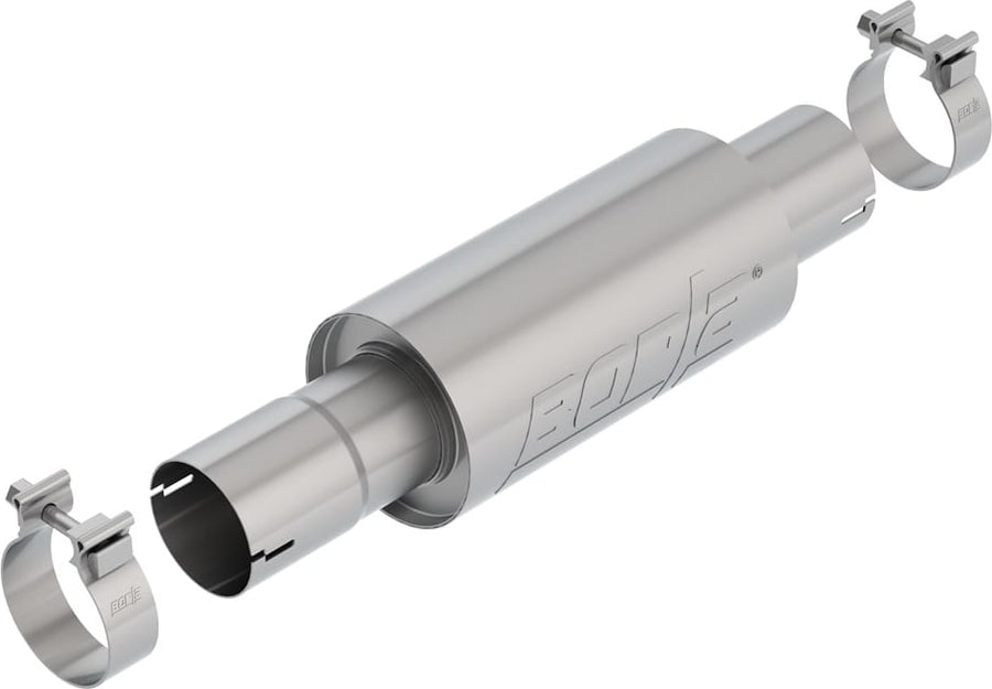 Vehicle-Specific Mufflers & Resonators by Borla: Stainless Borla front resonator with an inlet pipe and two band clamps on a white background.
