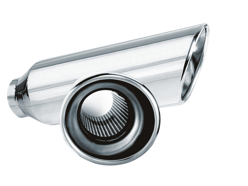 Borla Single Round Rolled Angle-Cut Resonated Exhaust Tip, whole part on a studio background: a long polished stainless round tip with a rolled angle-cut outlet and a perforated resonator core, on white
