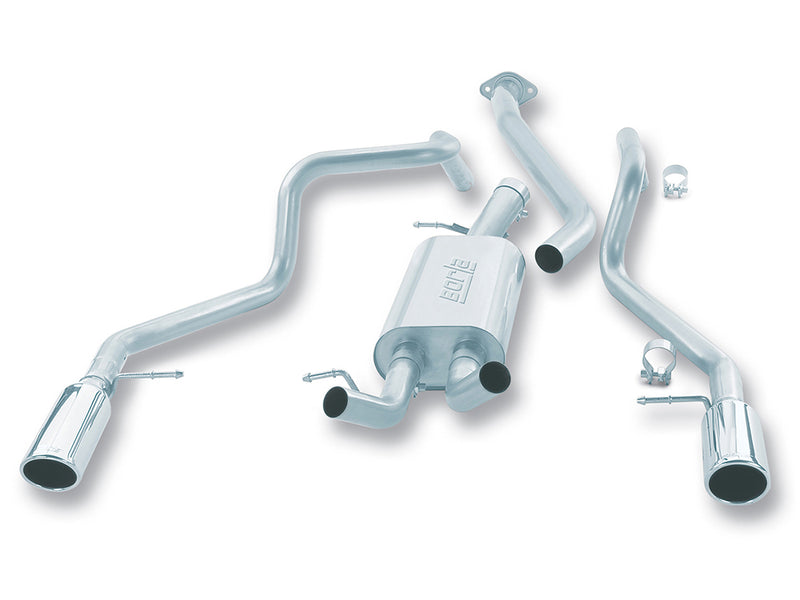 Borla Touring Cat-Back Exhaust System, full system on a studio background: Borla muffler feeding two split tailpipes with polished tips arranged on a white background