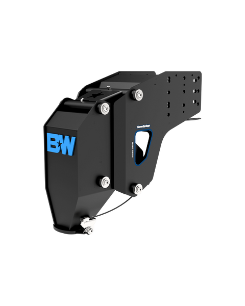 B&W 25K fifth wheel to gooseneck adapter, Standard version, black with a blue B&W logo, showing the funnel coupler at the front and the pin box mounting plate at the rear