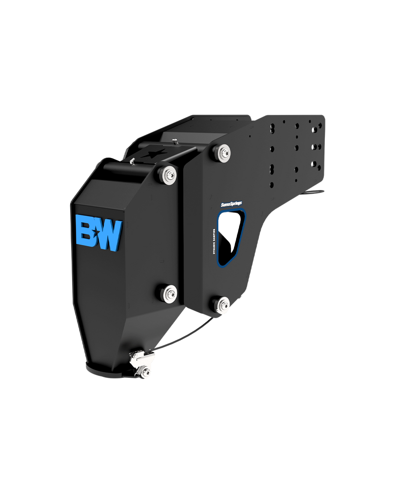 B&W 25K fifth wheel to gooseneck adapter, Standard version, black with a blue B&W logo, showing the funnel coupler at the front and the pin box mounting plate at the rear