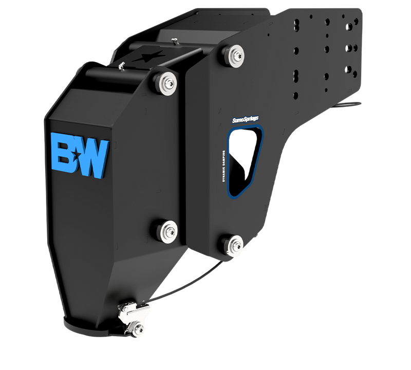 B&W 25K fifth wheel to gooseneck adapter, Standard version, three-quarter view showing the SumoSpring housing, the coupler funnel and the latch cable