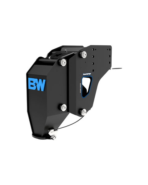 B&W 25K fifth wheel to gooseneck adapter, Rhino version, black with a blue B&W logo, showing the funnel coupler at the front and the pin box mounting plate at the rear