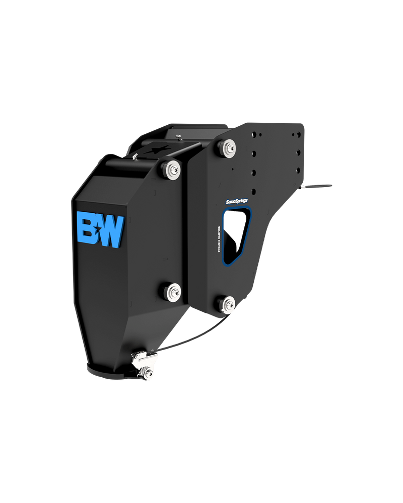 B&W 25K fifth wheel to gooseneck adapter, Rhino version, black with a blue B&W logo, showing the funnel coupler at the front and the pin box mounting plate at the rear