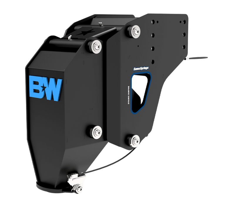 B&W 25K fifth wheel to gooseneck adapter, Rhino version, three-quarter view showing the SumoSpring housing, the coupler funnel and the latch cable