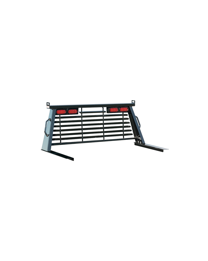 B&W cab protector, black steel headache rack with a horizontal slotted panel, four red LED lights across the top rail, grab handles at the sides and tie-down brackets, shown from the front