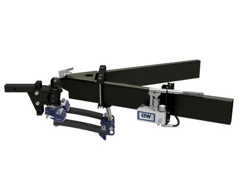 B&W Continuum weight distribution hitch shown complete on a trailer A-frame, with the head unit in a receiver, the composite spring bars fitted and the hydraulic pump mounted to the frame